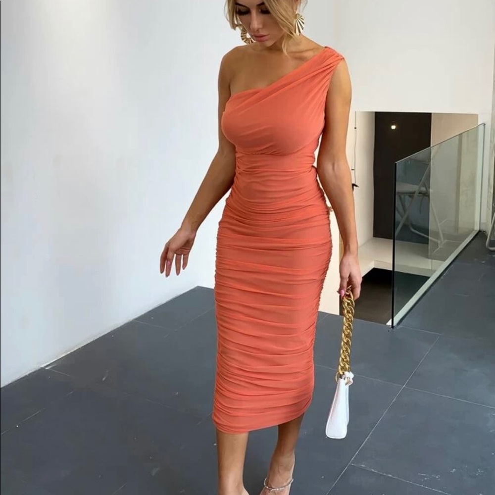 New One Shoulder Ruched Midi Cocktail Dress